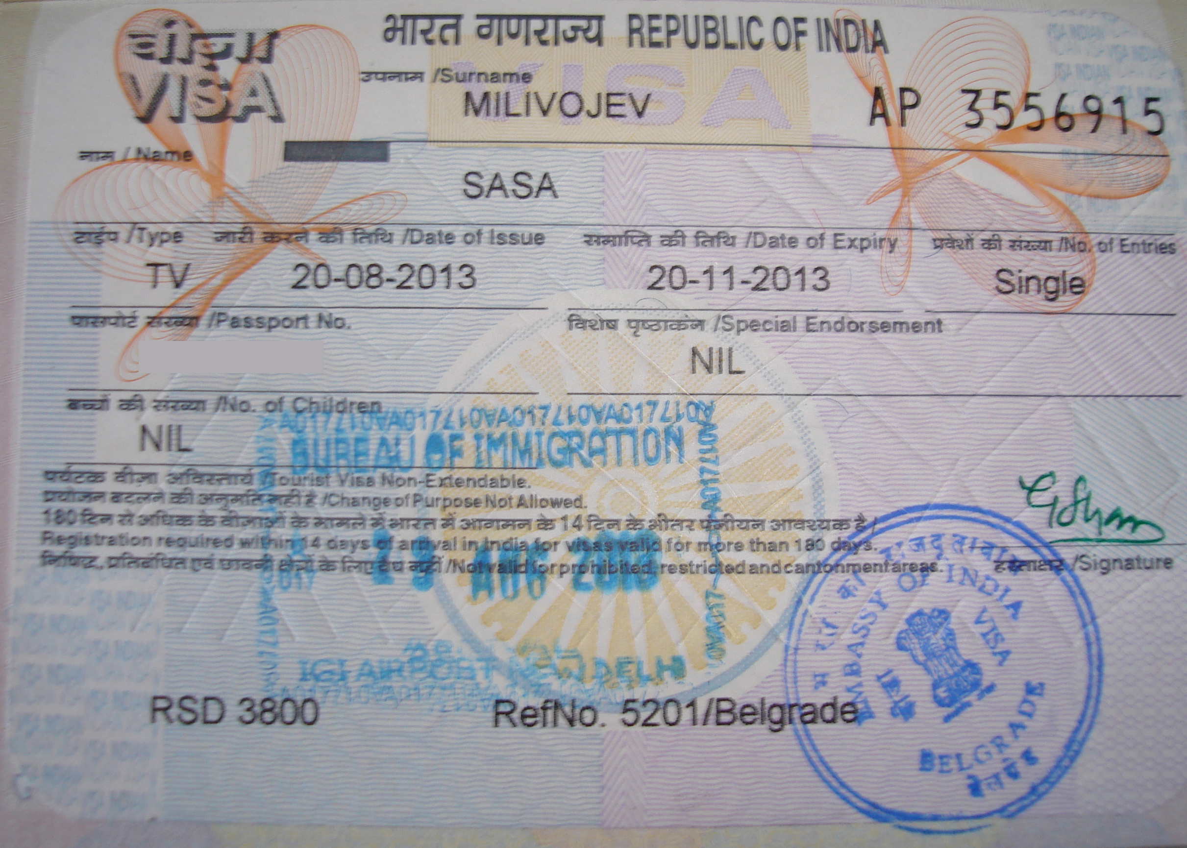 Saša Milivojev - Visa of India
